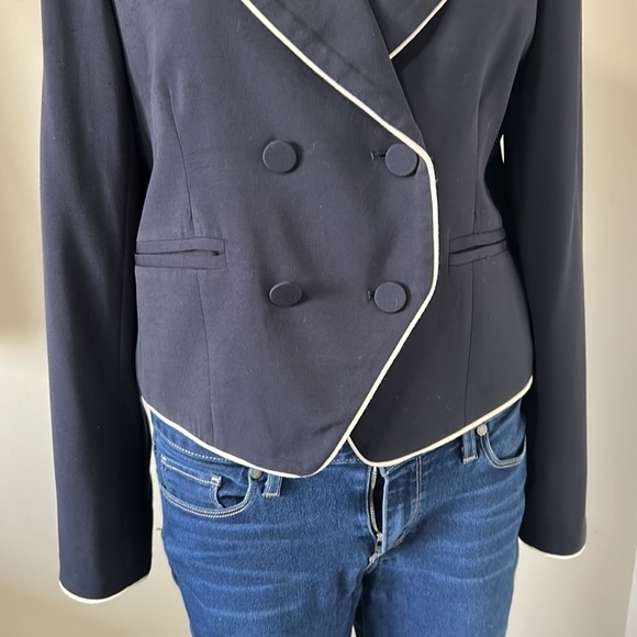 Frame Denim Piped Cropped Double Breasted Blazer Slit Cuff Navy Blue Sz 8 - Picture 6 of 16